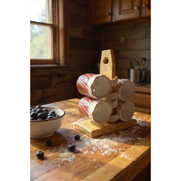 Rodolfo Padilla Drip Glaze Stoneware Mugs-Set of 4-Wood Stand-Mexico-Pottery-Red - Picture 2 of 11